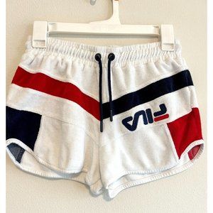Womens Extra Small Terry FILA Shorts, White Red & Blue Stripes, Embroidered Logo